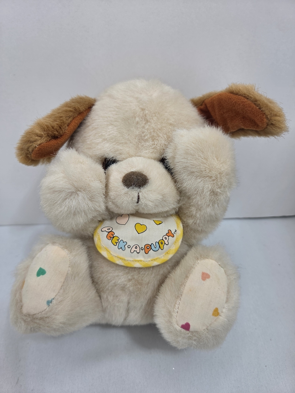 Rare Vintage 1984 Mattel Emotions Peek-A-Puppy Plush - Shy Dog Bib Stuffed Toy